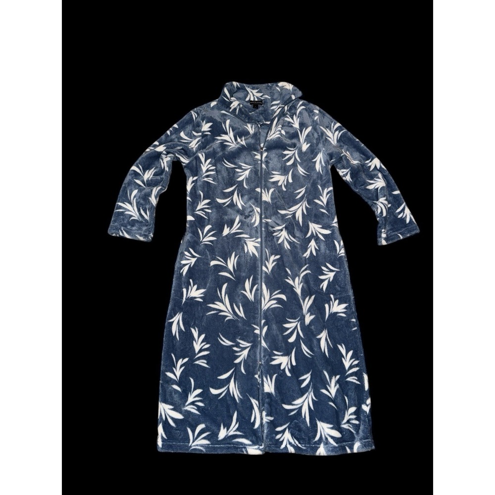 MISS ELAINE Plush Fleece Zip Robe Nightgown‎ LG Blue Floral Grandmacore L/S